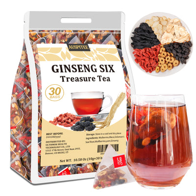 Ginseng Six Treasures Tea, 10g*30 Packs, Mulberry, Wolfberry, Ginseng, No Additives, Ginseng Five Treasures Tea, Herbal Tea, Afternoon Tea, Gift