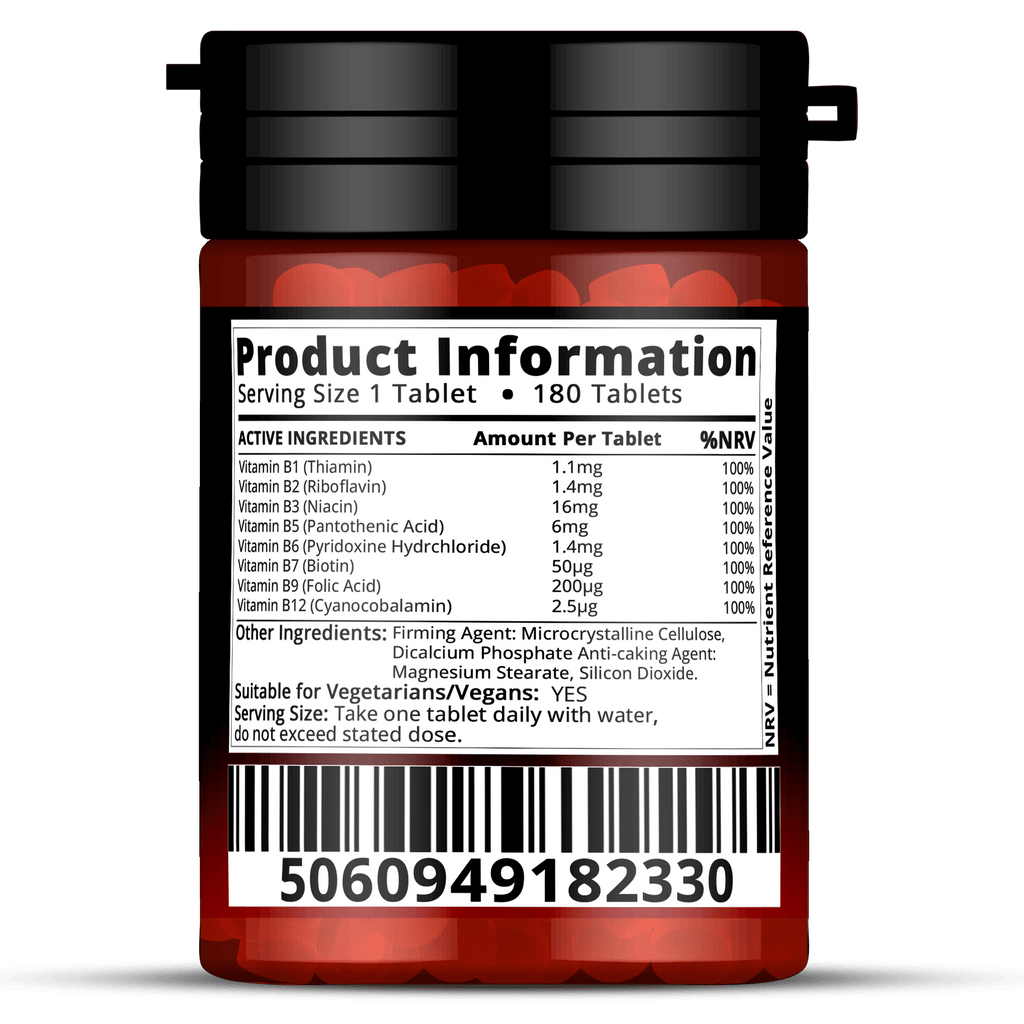 Vitamin B Complex 180 Tablets 6 Months Supply Contains All 8 Vitamins B in 1 Tablet, Vitamins B1, B2, B3, B5, B6, B12, Biotin Vegetarian & Vegan High Strength Vit B-Complex Tablets