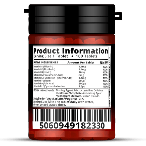 Vitamin B Complex 180 Tablets 6 Months Supply Contains All 8 Vitamins B in 1 Tablet, Vitamins B1, B2, B3, B5, B6, B12, Biotin Vegetarian & Vegan High Strength Vit B-Complex Tablets