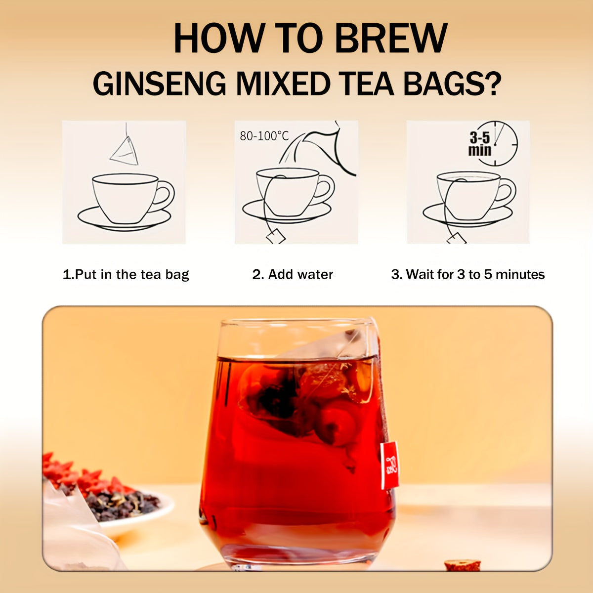 Ginseng Six Treasures Tea, 10g*30 Packs, Mulberry, Wolfberry, Ginseng, No Additives, Ginseng Five Treasures Tea, Herbal Tea, Afternoon Tea, Gift