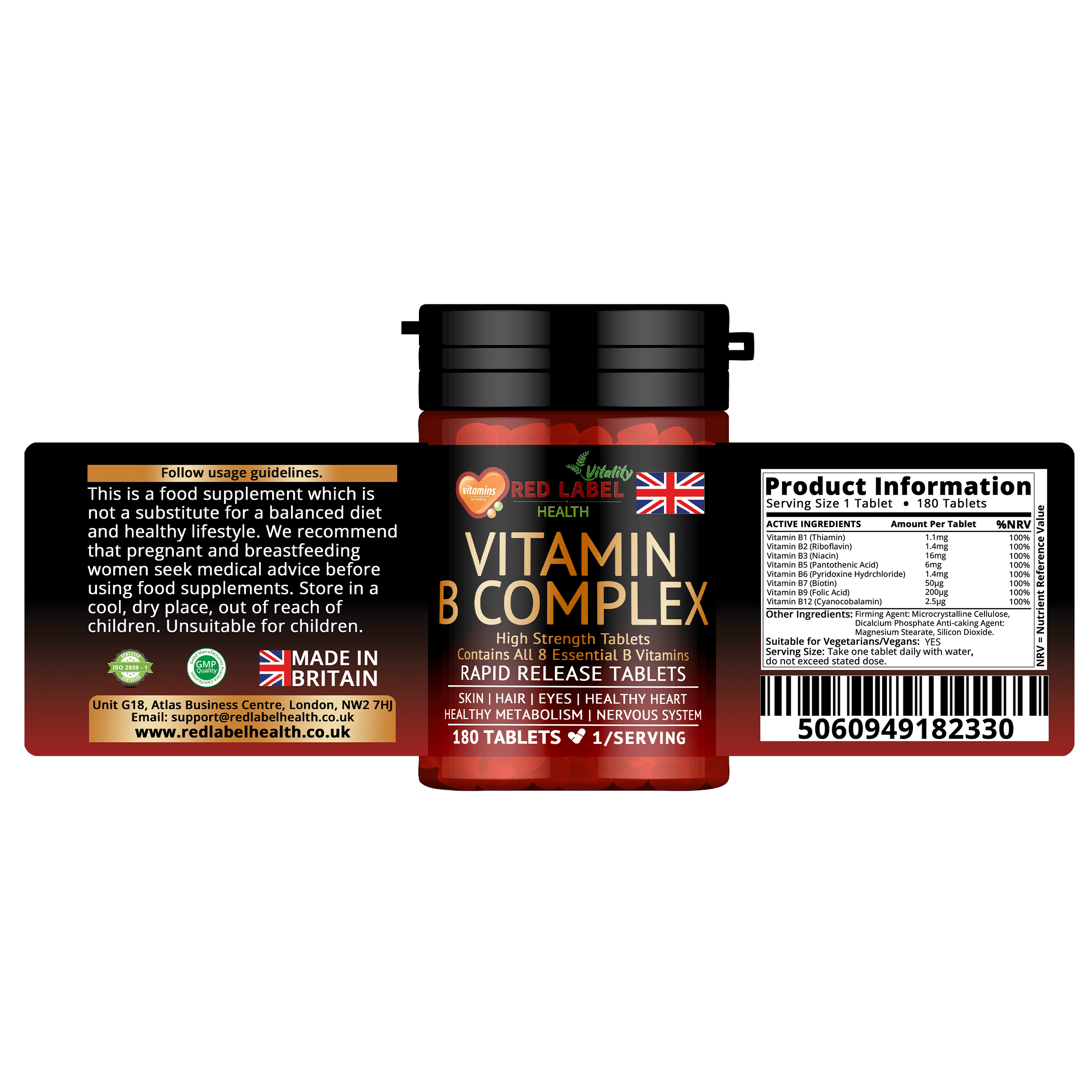 Vitamin B Complex 180 Tablets 6 Months Supply Contains All 8 Vitamins B in 1 Tablet, Vitamins B1, B2, B3, B5, B6, B12, Biotin Vegetarian & Vegan High Strength Vit B-Complex Tablets