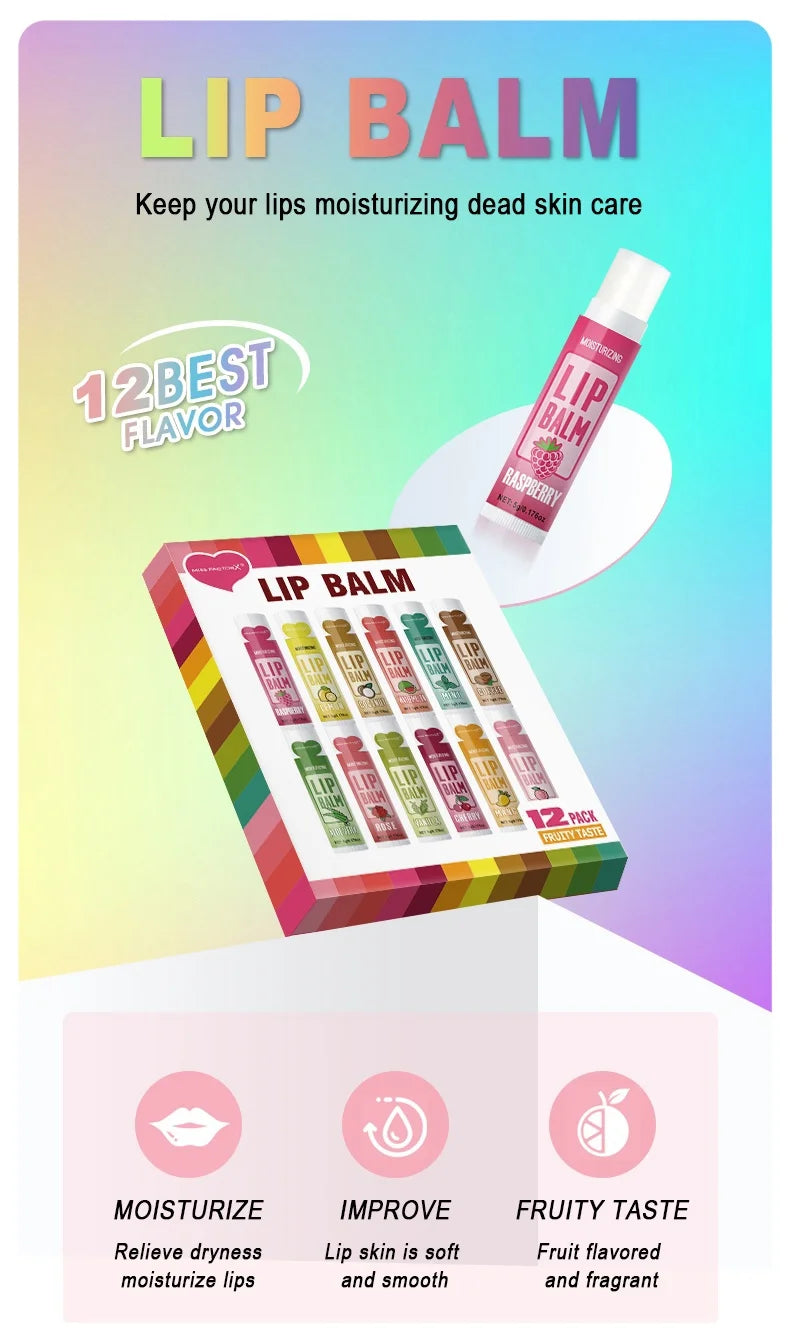 12PCS Lip Balm Gift Set (5g) – Deep Moisturizing, Long-Lasting Hydration & Gentle Exfoliation