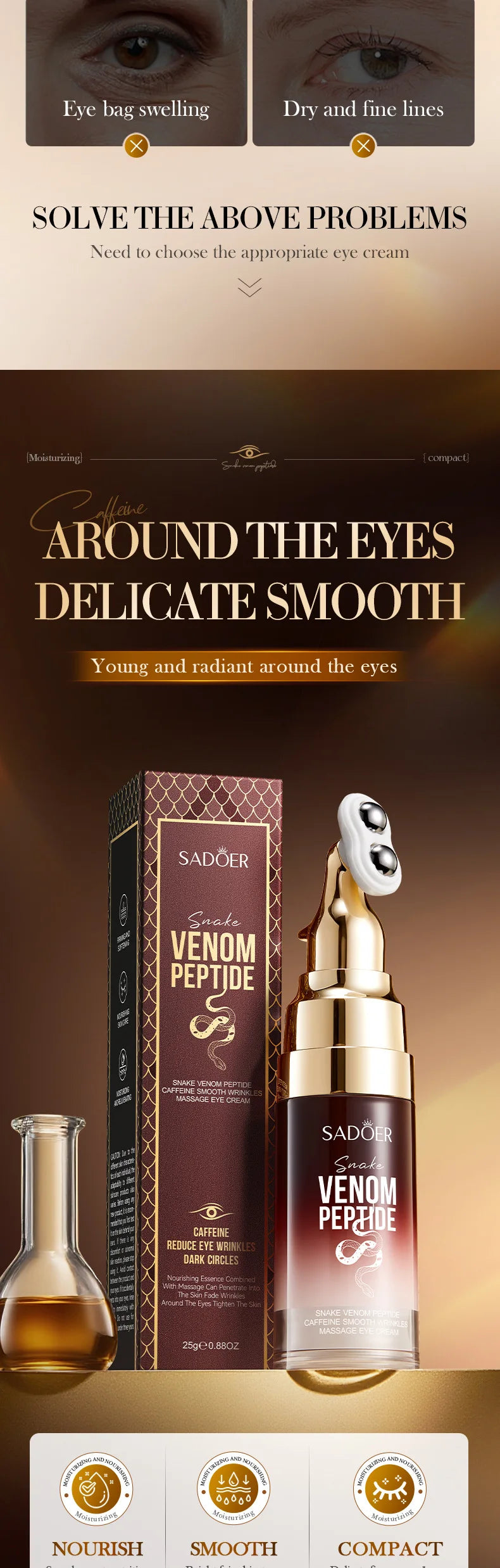 SADOER Snake Venom Eye Cream – Peptides & Caffeine for Wrinkles, Dark Circles & Hydration