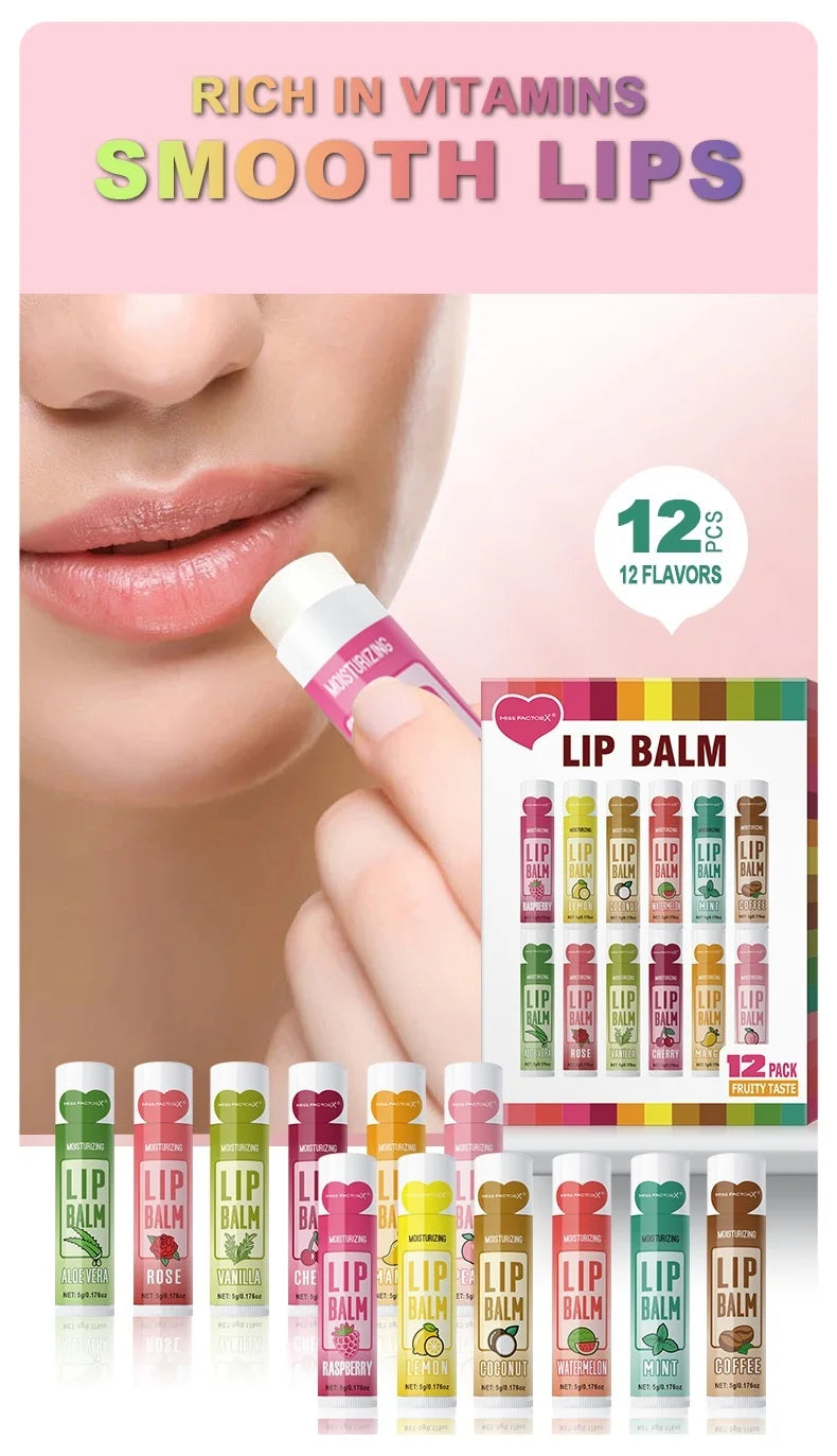 12PCS Lip Balm Gift Set (5g) – Deep Moisturizing, Long-Lasting Hydration & Gentle Exfoliation