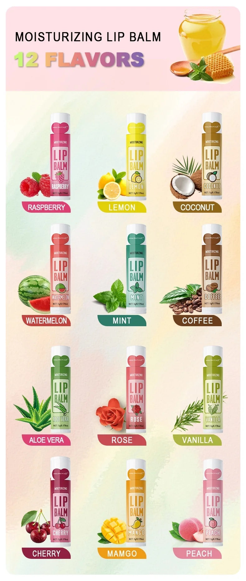 12PCS Lip Balm Gift Set (5g) – Deep Moisturizing, Long-Lasting Hydration & Gentle Exfoliation
