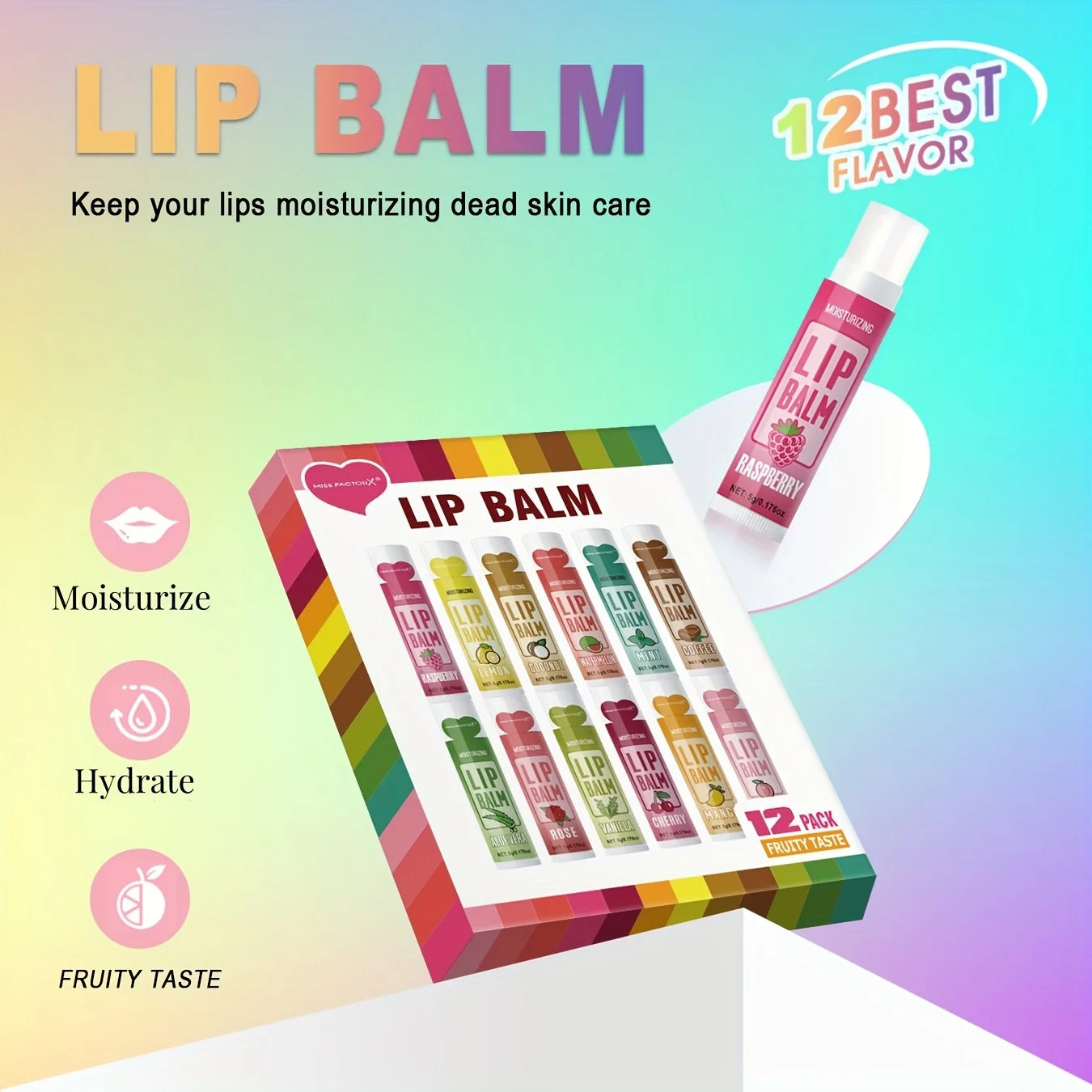 12PCS Lip Balm Gift Set (5g) – Deep Moisturizing, Long-Lasting Hydration & Gentle Exfoliation