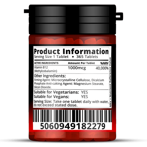 Vitamin B12 1000mcg Vegan Tablets – 365 Methylcobalamin, 1-Year Supply – Energy & Immunity Support