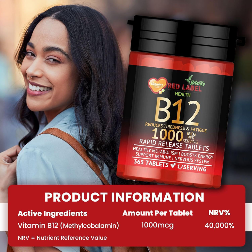 Vitamin B12 1000mcg Vegan Tablets – 365 Methylcobalamin, 1-Year Supply – Energy & Immunity Support